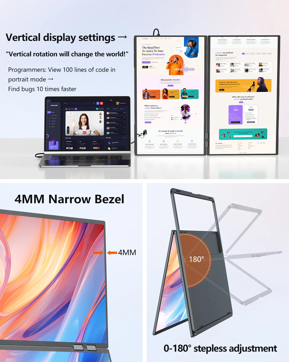 UPERFECT Delta 23.8인치 100Hz 듀얼 휴대용 모니터 1080P 스택형 디스플레이 USB-C HDMI 트리플 노트북 화면 확장기 내장형 킥스탠드 VESA 마운트 가능 노트북 PC Mac Win
