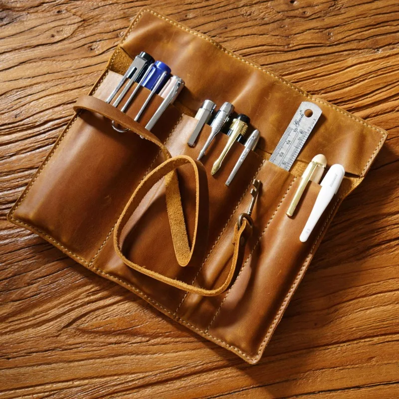 

Vintage Cowhide Pen Bag Genuine Leather Pencil Pouch Minimalist Literary Pencil Bag Multifunctional Rolling Pen Bag Stationery