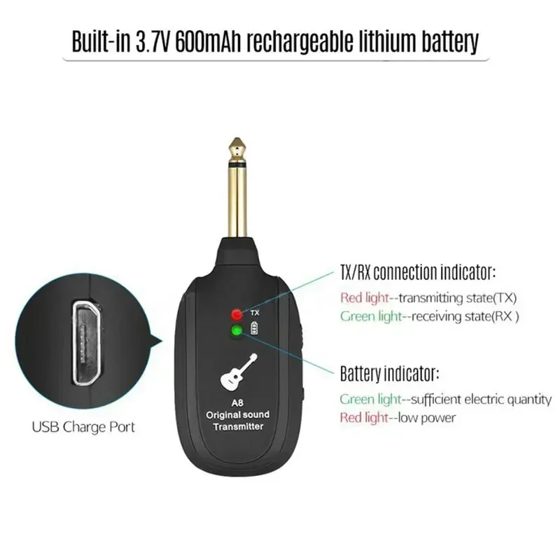 Guitar Transmitter Receiver UHF Wireless System Built in Battery 50M Original Sound Transmission Range For Guitar Bass