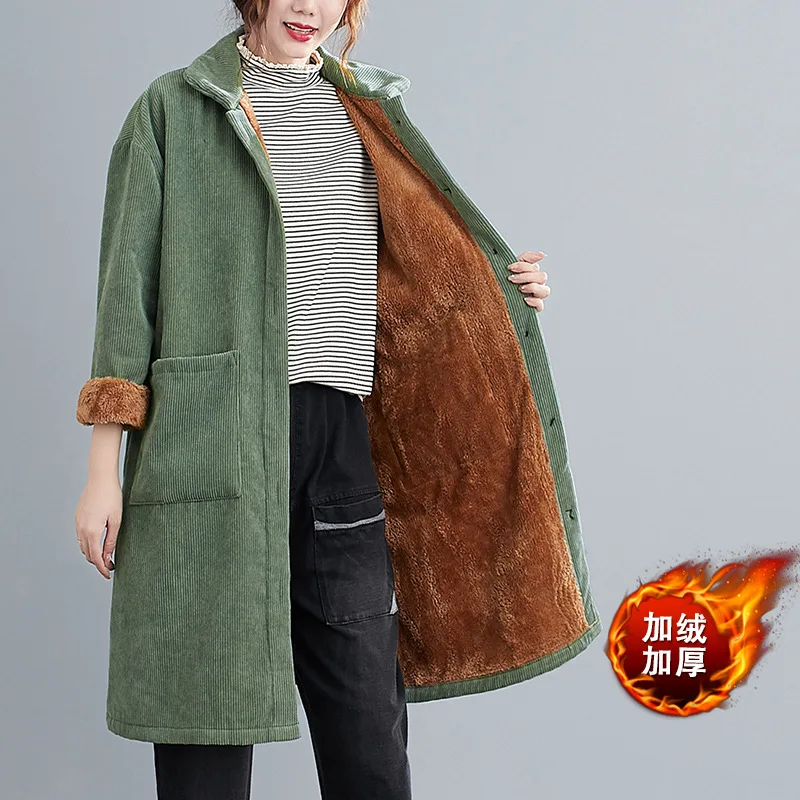 New Winter Coat for Women Corduroy Long Cotton Jacket Fur Lined Coats Parka Retro Warmth Thickened Loose Harajuku Korean Fashion