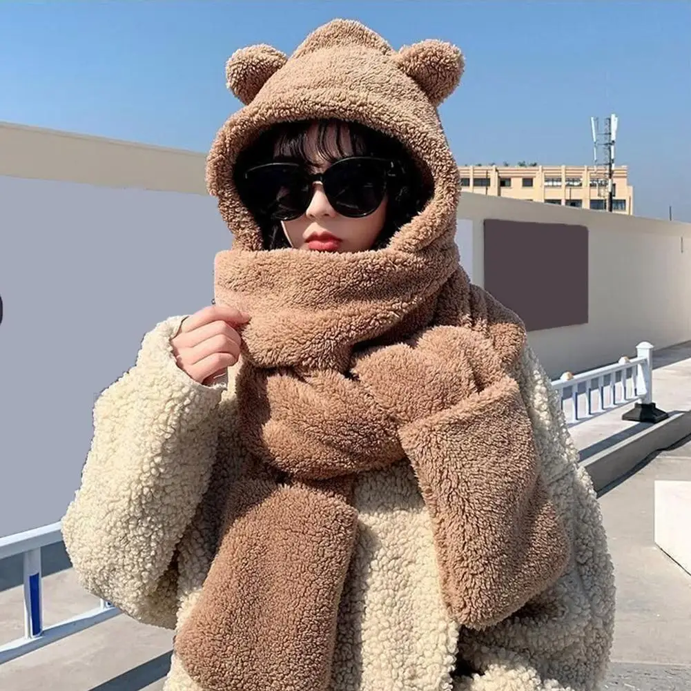 Winter Women Warm Beanies Caps Warm Bear Ear Hat Casual Plush Hat Scarf Set Casual Solid Women Caps 2