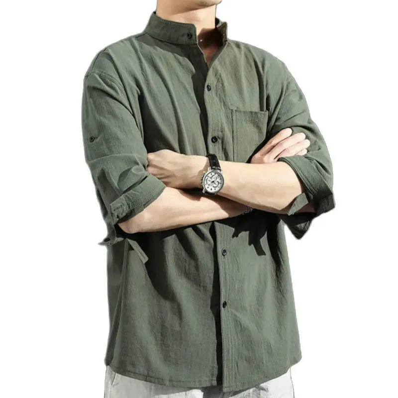 

Solid Colors Long Sleeve Shirts Chinese Style Wear Stand Collar Loose 100% Cotton White Black Shirt Short Sleeve Shirt M-5Xl
