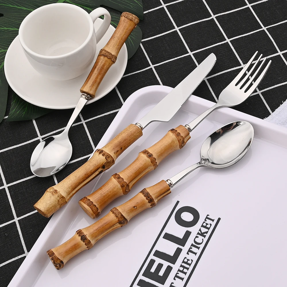 16/24/32Pcs Creative Bamboo Wooden Handle Tableware Set Stainless Steel Dinnerware Set Steak Knife Fork Spoon Cutlery Gift