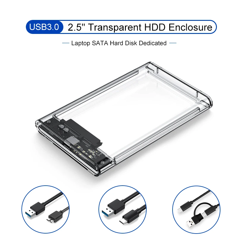 2.5 Inch USB 3.0 External Hard Drive Enclosure SATA to USB3.0 UASP Clear Portable Hard Drive Case 2T HDD Tool-Free Transparent