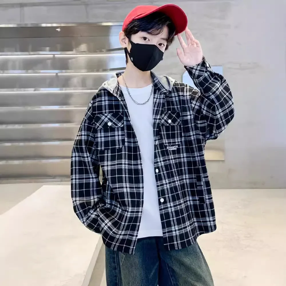 Loose Plaid Hooded Shirt for Boys Mid-to-Big Children Spring Autumn Fashionable Casual Top Hot Sale Of The Season