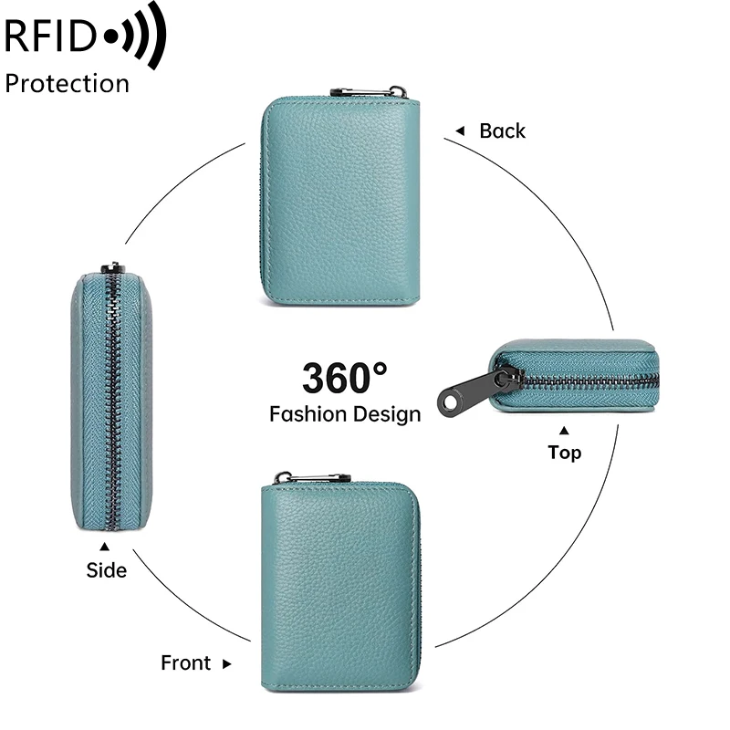 RFID Genuine Leather Accordion Wallet with Zipper - Elegant 14-Slot Credit Card Organizer