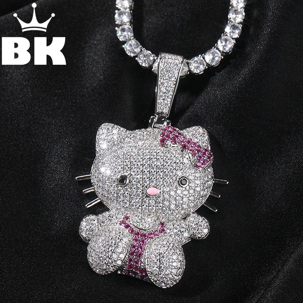 

THE BLING KING Kawaii Hello Cat Pendant Necklace For Girl Iced Out CZ Pink Y2K Cute Cartoon Exquisite Sweet Friend Birthday Gift