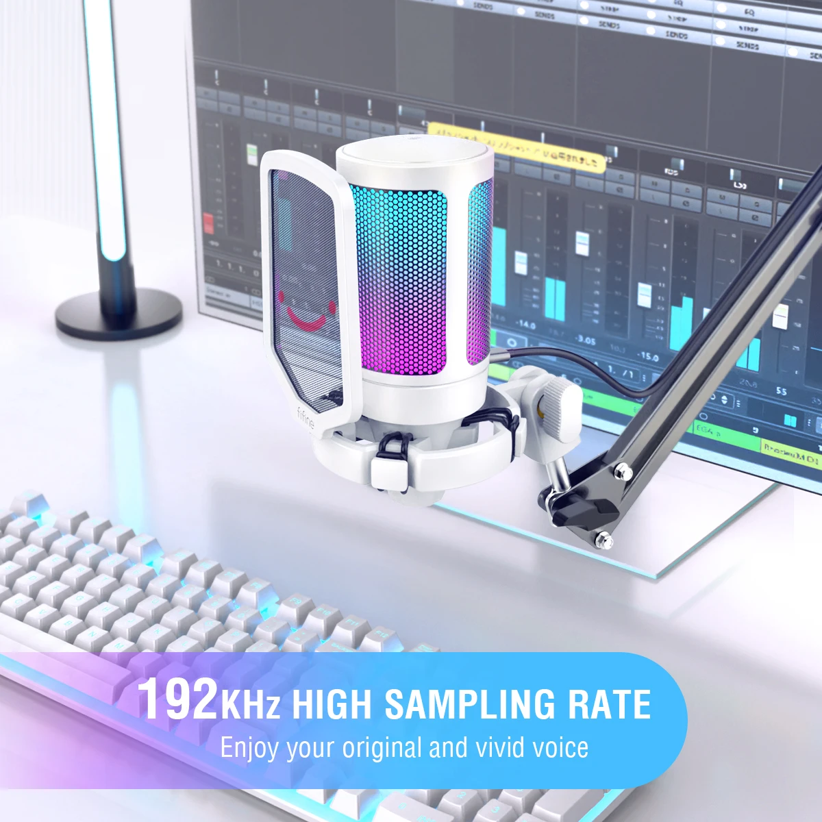 FIFINE White Gaming Mic and RGB External Speaker, USB Microphone, PC  Recording Desktop Mic with Mute Button RGB, Streaming Podcasting  Microphone