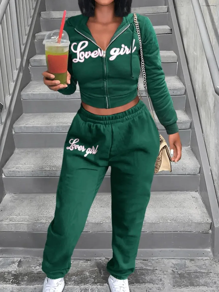 

LW Women's Tracksuit Fashion Casual Long Sleeve Zipper Hooded Top Lovely Girl Letter Print Sweatsuit Two Piece Pants Set