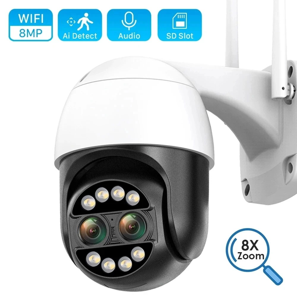 New 4K 8MP 8x Hybrid Zoom PTZ Wifi IP Camera Outdoor Wide Dual Lens AI Human Detection 4MP Audio CCTV Video Surveillance Cam