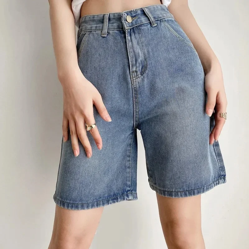 High Waist Vintage Denim Shorts Chic Summer 2023 New Loose Korean Fashion Y2k Straight Short Pants Blue Thin New Women's Clothes