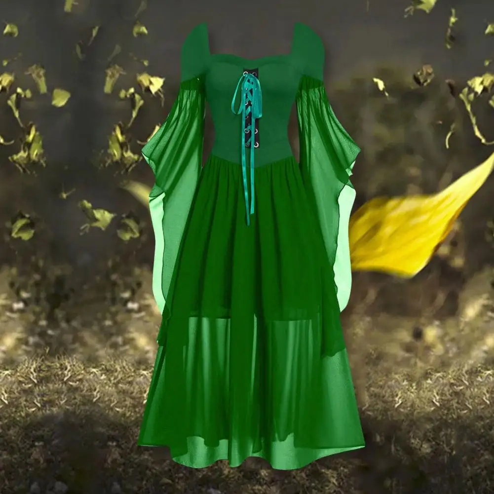 

Long Dress Square Neckline Dress Stunning Vintage Women's Halloween Party Maxi Dress Irregular Horn Sleeve A-line Silhouette