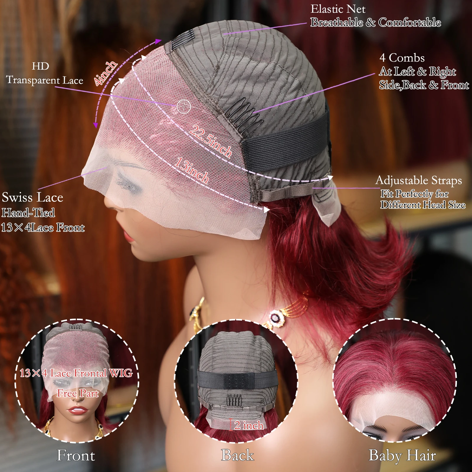 Burgundy Transparent Bob Human Hair Wig Image 12