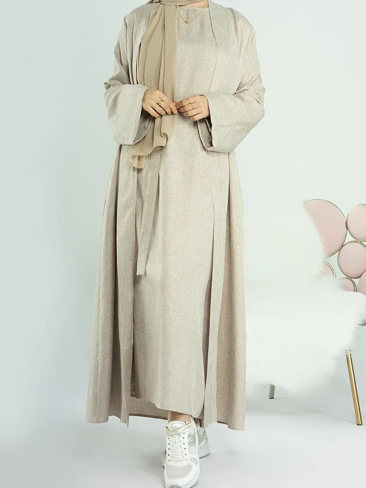 Ramadan Eid Cotton Linen Open Abaya Dubai Turkey Long Muslim Hijab Dress Kimono Abayas for Women Plain Kaftan Islamic Clothing