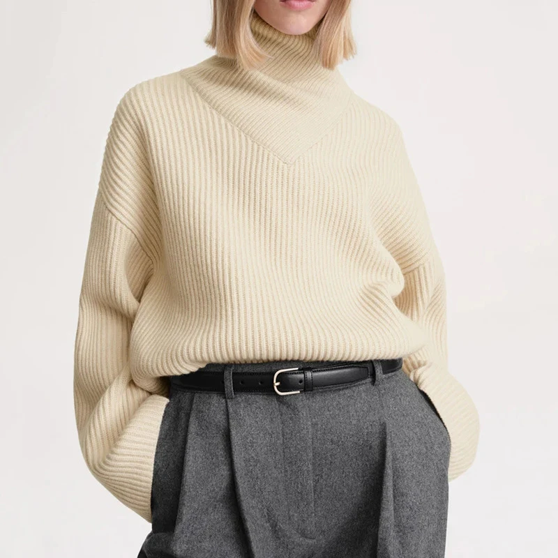 

High neck long sleeve threaded wool knit sweater big silhouette lazy style thickened pullover Women's sweater 2023 fall new