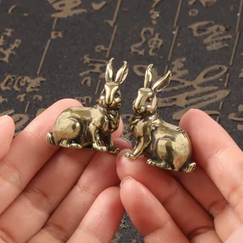 1Pair Lucky Rabbit Statue Ornaments Antique Copper Zodiac Vintage Solid Brass Animal Miniature Figurine Tea Pet Desk Decor