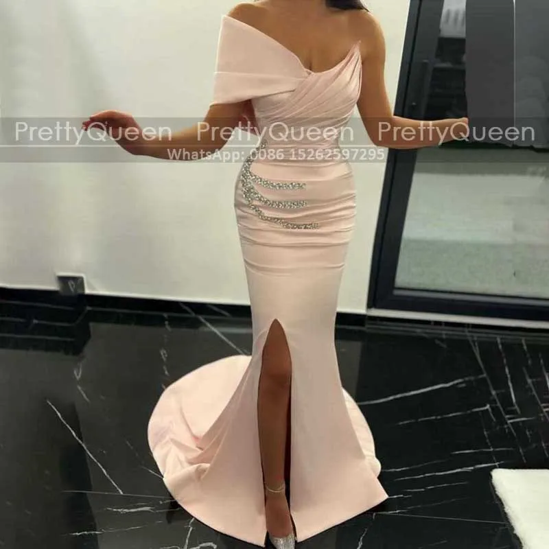 

2024 One Shoulder Long Prom Dresses Shiny Beads Pleat Mermaid Side Split Long Trumpet Pageant Dress Party For Women