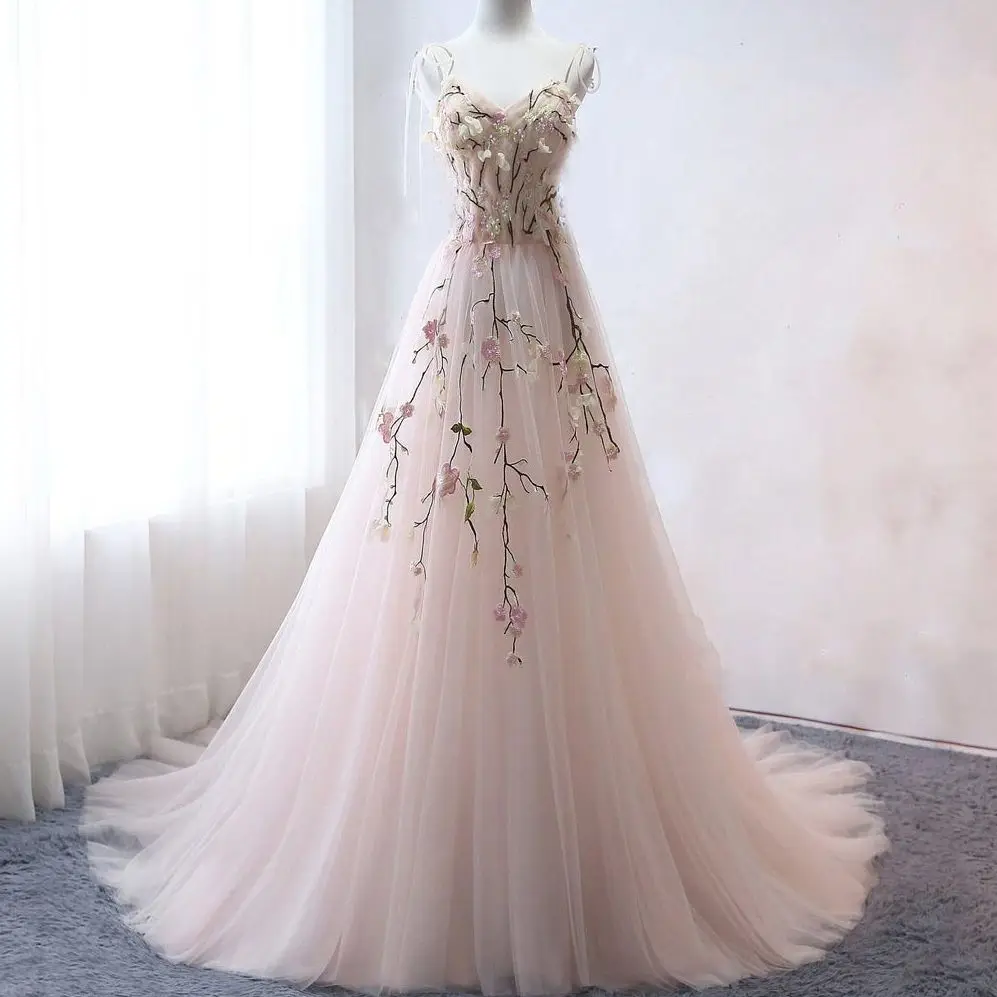 

Light Pink Prom Dress Adjustable Straps Tied Bow Floral Dress Applique A-Line Evening Dress Sequins Wedding Dress With Train