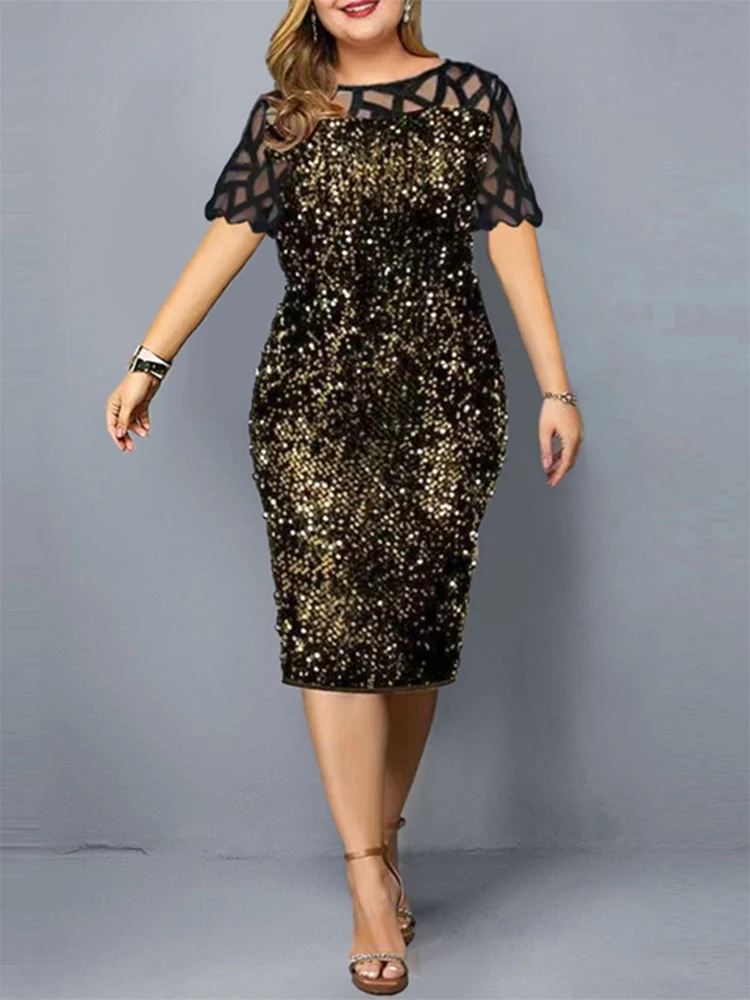 2022 Women Shiny Party Dresses M-5XL Size Evening Clothing O Neck Lace Short Sleeve Sheath Vintage Sequin Wedding Dress Ladies 3