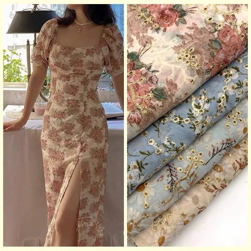Exquisite bestickten chiffon stoff mit kleine floral bedruckte stoff nähen material für cheongsam high-end-kleidung