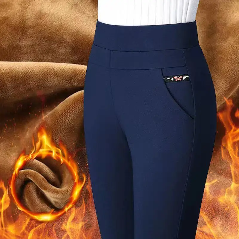 오피스 레이디 플러스 양털 따뜻한 슬림 펜슬 바지 가을 겨울 새로운 여성 패션 나비 탄성 높은 허리 캐주얼 바지 2023
