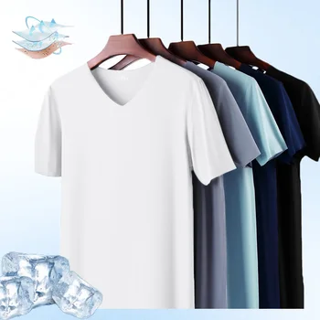 Summer Men's Ice Silk Short Sleeve T-shirt V-neck Lightweight Breathable Quick Dry Solid Color Casual Simple Style Tops