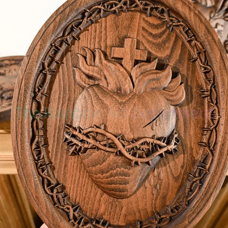 Holy Family Three Hearts Wall Decoration, Wood Carving, Sacred Heart of Jesus, Sacred Heart of Mary, Joseph