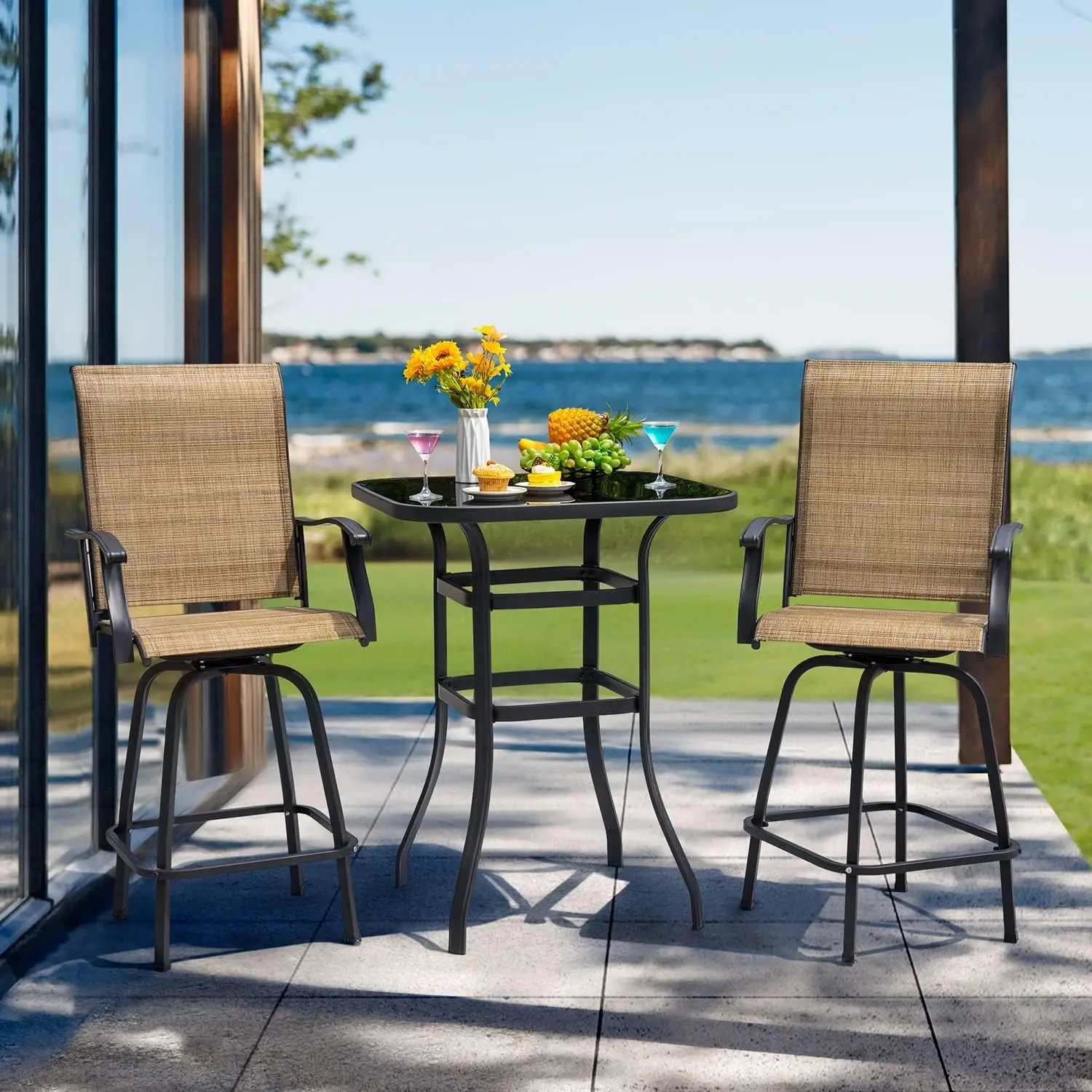 

Devoko Patio Swivel Bar Set 3 Pieces Patio High Top Bar Table and Stools Chairs Set Textilene Sling Fabric Outdoor Bar Stools Se