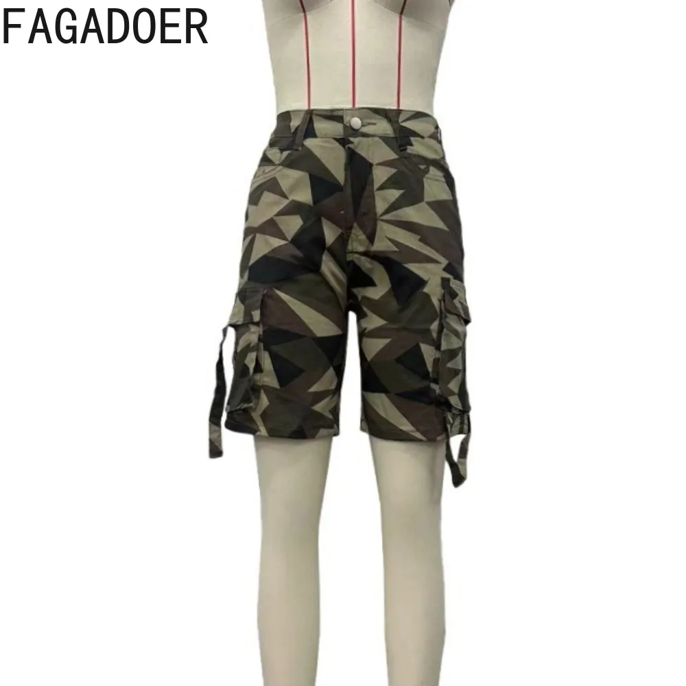 FAGADOER Summer Camouflage Printing Pocket Cargo Shorts Women High Waisted Button Straight Shorts Casual Female Sporty Bottoms