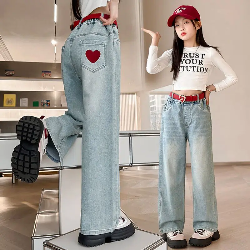 2024 New Fashion Teenager Girls Denim Pants Children Trousers