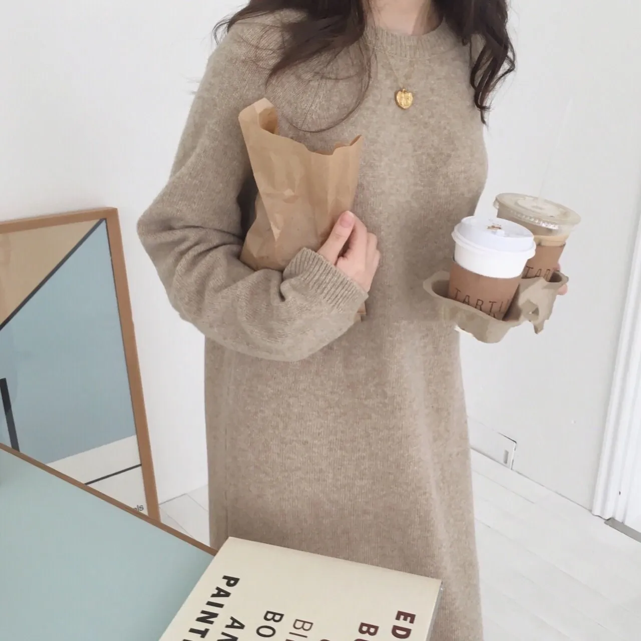 cardigan for women Sweater Lady's Autumn Dress Winter Long sweater Knit Dress Long loose maxi skirt lady's dress brown sweater