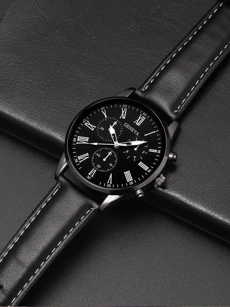 3PCs Fashion Business Casual Men's Belt Quartz Watch with PU Leather Woven Bracelet Necklace Combination Set 5