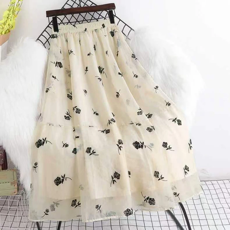 

2023 spring and summer new dress with pocket evening cloud yarn flocking rose A-word mid-length temperament large swing half ski