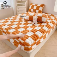 Soybean Cotton Mattress Cover Arctic Velvet Fitted Sheet  Pad Checkerboard Series Double Bed Dust Mite Queen King Size Home Deco 1
