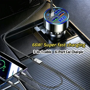 Caricabatterie da Auto a 6 Porte 66W con Ricarica Rapida, Adattatore USB per Auto con Display LED della Tensione, Caricatore per Accendisigari per iPhone Samsung