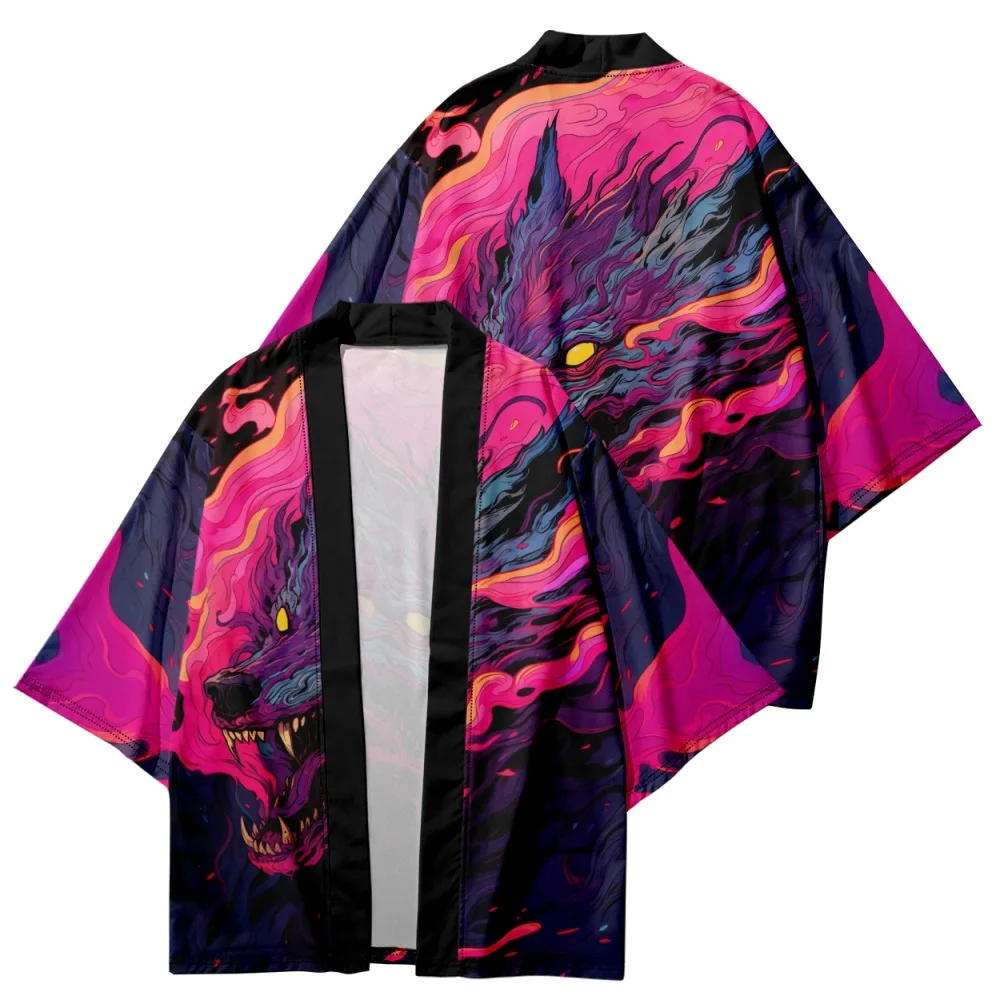 Streetwear Cardigan Clothes Oversized Robe Women Men Traditional Haori Yukata Summer Japanese Anime Wolf Print Cosplay Kimono