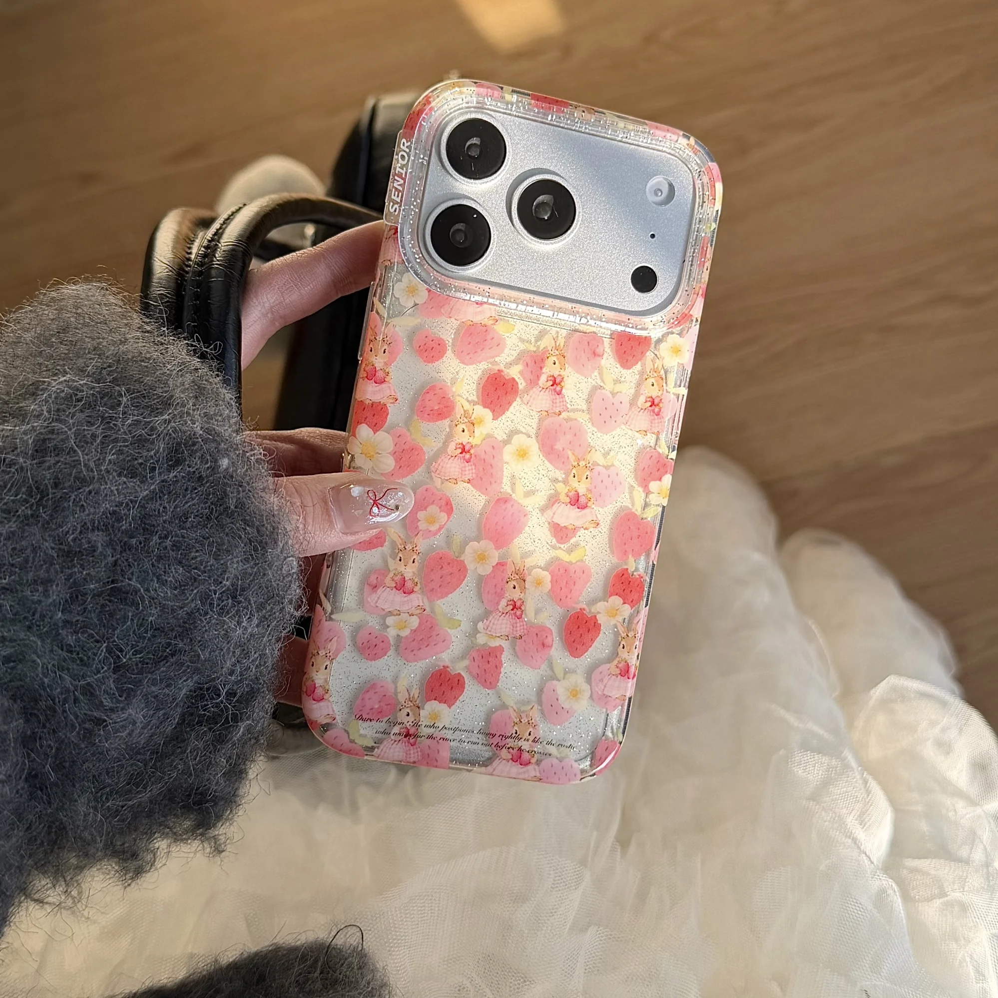 Charming Beaded Lanyard with Strawberry & Bunny Design - Sweet Clear Phone Case Back Cover