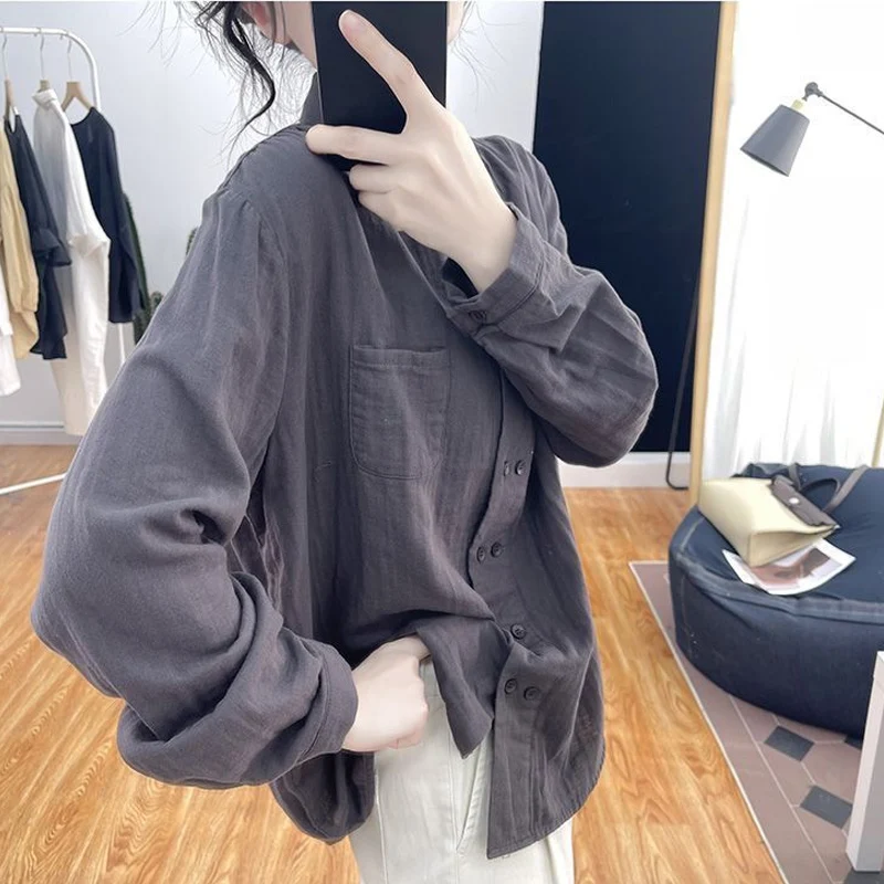 Spring Autumn New Solid Color Fashion Long Sleeve Shirt Women High Street Casual Loose Button Cardigan Cotton Hemp Chic Tops