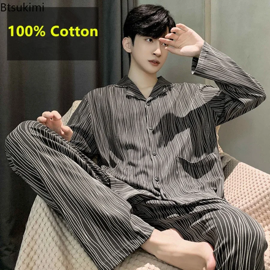 Spring Autumn New Men's Fashion Pajamas Sets Long Sleeves Pure Cotton Home Clothes Male Breathable Big Size Nightwear Young Teen