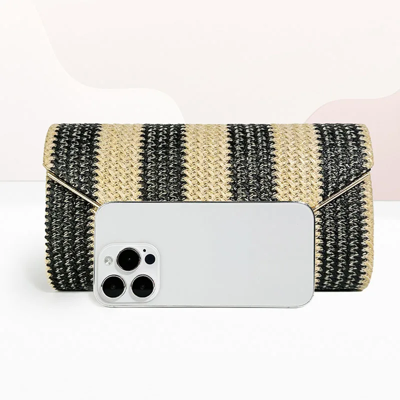 2024 New Summer Beach PP Straw Envelope Crossbody Bag Women Woven Clutches Striped Black Handbag Casual Chain Shoulder Purses