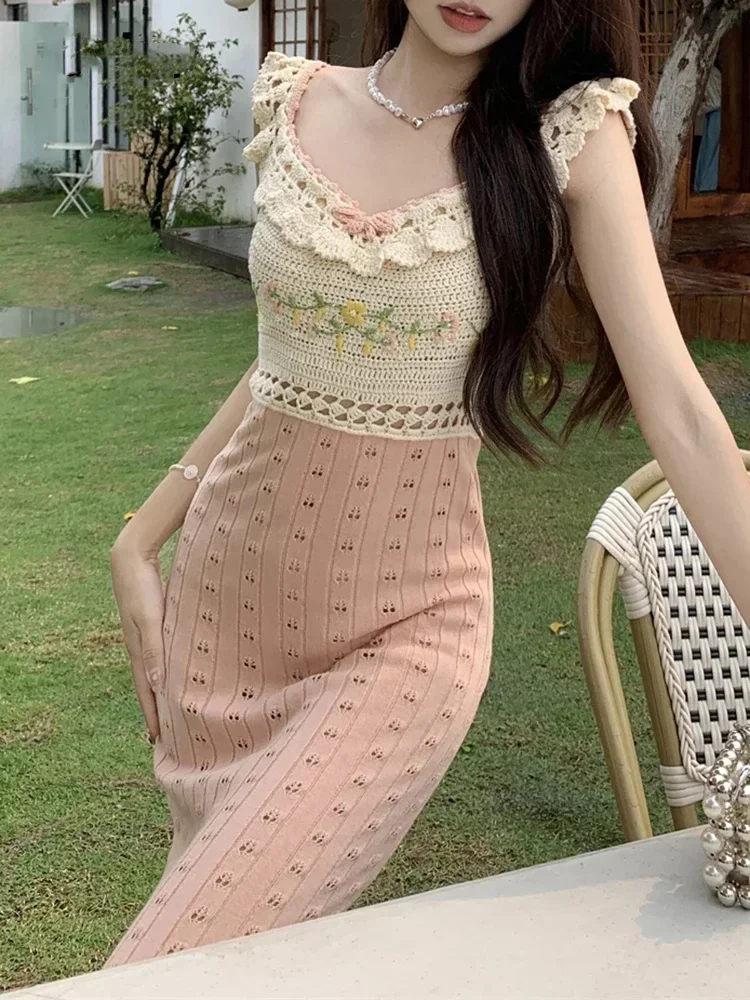 

French High Street Sexy Sleeveless Backless Strapless Dress with Hook Flower Hollow Out Women's Fashion Square Neck Sweet Dress