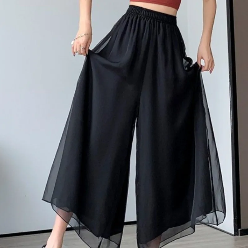 Women's Summer Wide Legged Loose Casual Sports Trousers Elastic High Waist Gauze Patchwork Solid Spring Autumn Office Lady Pants