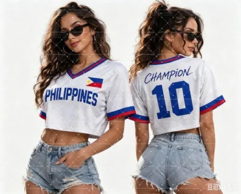 2026 Summer Women's Philippines Inspired V-Neck Crop Top, Breathable Quick Dry Y2K Football Fan Cheerleading T-shirt