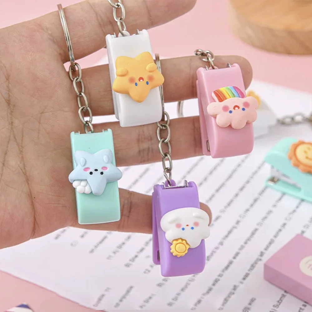 1pc Pink/white cartoon student mini stapler, small and portable, can be used as a keychain, with size 10 staples