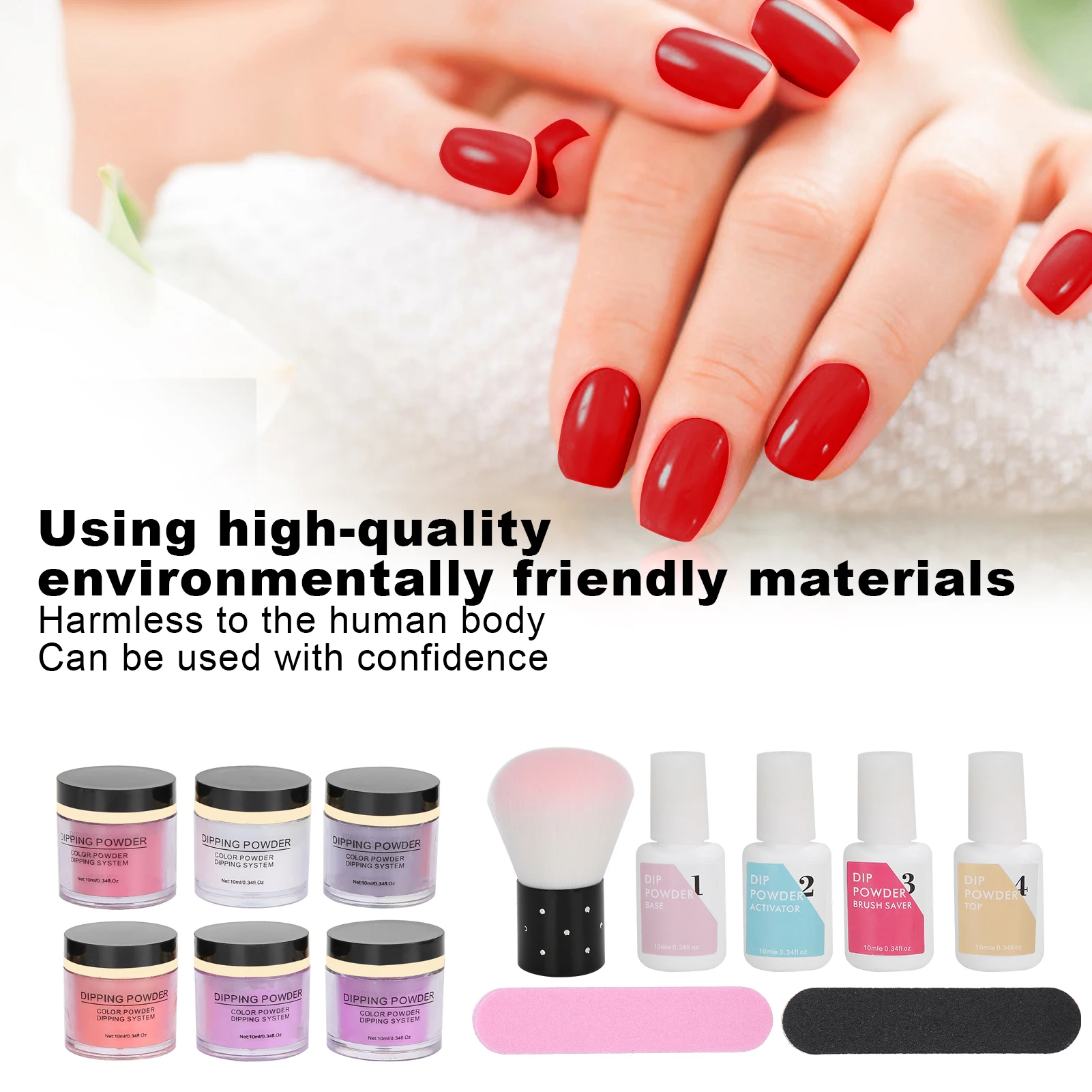Nail Dipping Powder Set with Top & Base Coat, Dust Brush, and Manicure Tools
