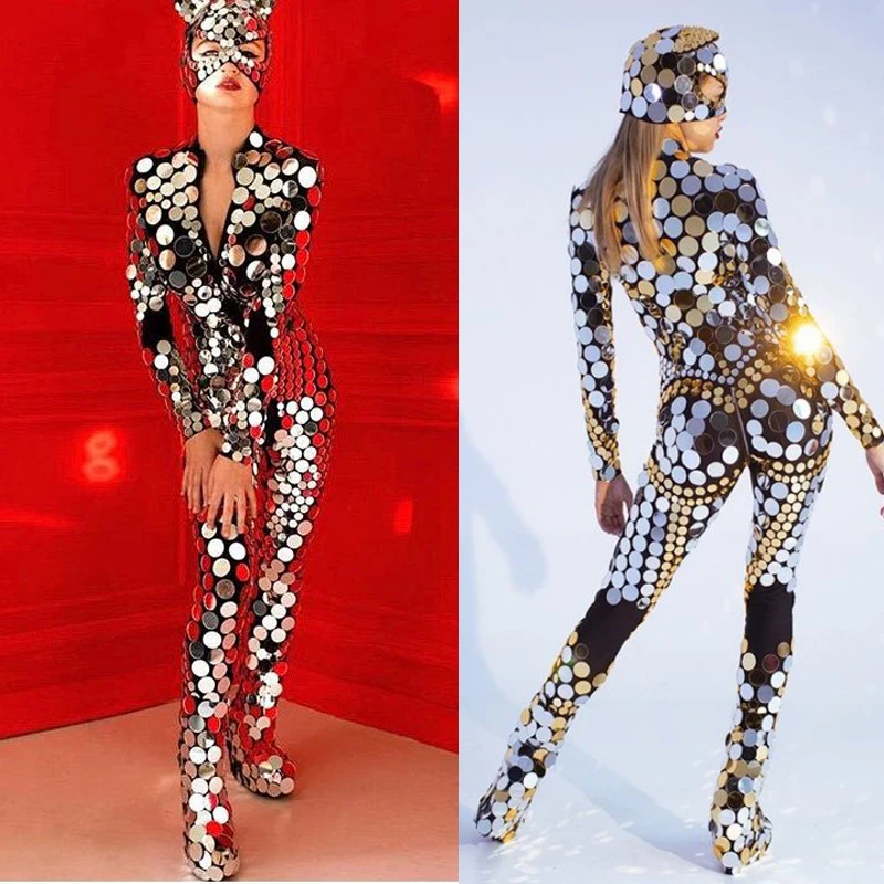 

Silver Lens Jumpsuit Boots Sets Cat Headwear Men Women Mirrors Costume Pole Dance Festival Outfit Nightclub Dj Ds Gogo Wear 5115