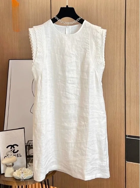 Artistic Pure Color Cotton Linen Svel Dr Large Size Women's Lace Patchwork Fly Sve Mid-Length Vest Dr Summer