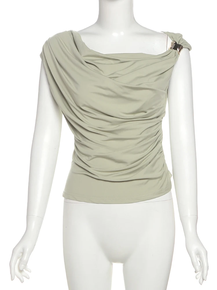 Nibber Simple Irregular Metal Knots Tops Women Temperament Pleated Skinny High Stretch Solid Daily Casual Streetwear Basic Tees