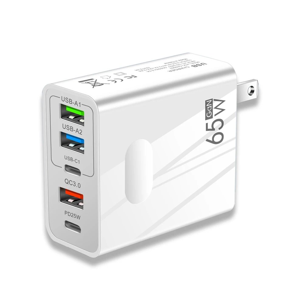 65W GaN USB C 急速充電器 5 ポート QC3.0 壁掛け充電器 3.1A 急速充電トラベルアダプター iPhone Samsung Xiaomi EU/US/UK プラグ用