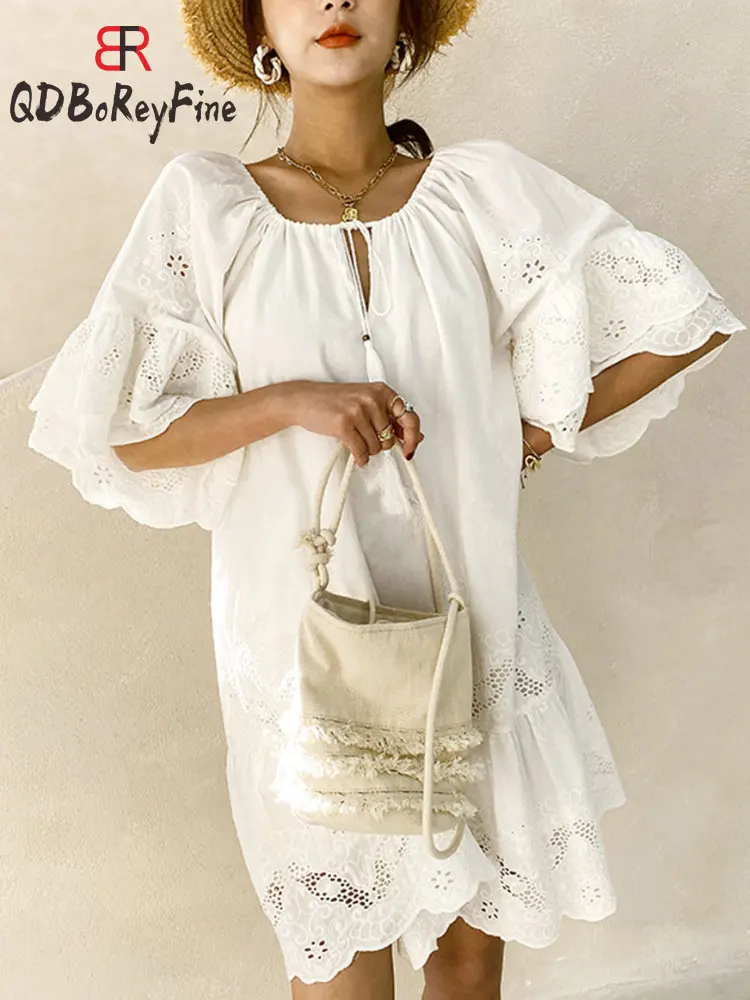 White-Summer-Mini-Dress-Women-Lace-Elegant-Korean-Hollow-Out-Sundress ...
